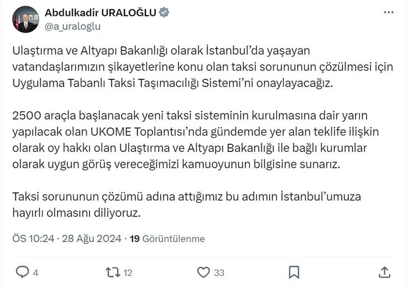 Ulaştırma ve Altyapı Bakanı Abdulkadir Uraloğlu'nun paylaşımı