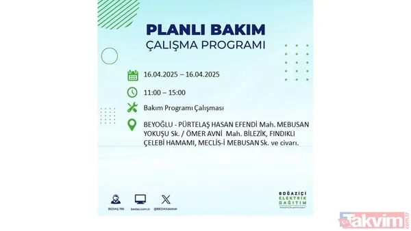 16 Nisan 2025 Bedaş İstanbul Elektrik Kesintisi