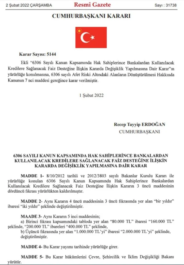 Erdoğan imzaladı! Kentsel dönüşüm için devletin sağlayacağı faiz desteğinde limitler değişti-1