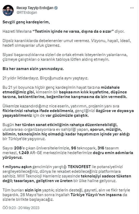 baskan-erdogandan-genclere-28-mayis-mesaji-turkiye-yuzyilinin-insasina-da-sizlerle-birlikte-baslayacagiz-1684565828386.jpg Başkan Erdoğan'dan gençlere 28 Mayıs mesajı: Türkiye Yüzyılı’nın inşasına da sizlerle birlikte başlayacağız-2