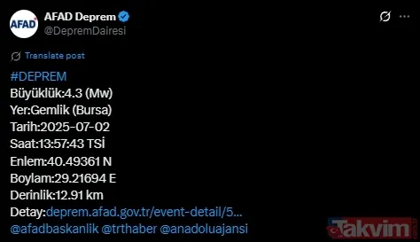 2 TEMMUZ'DA BURSA'DA DEPREM Mİ OLDU? Bursa'nın Gemlik ilçesinde dün meydana gelen 3.9 ve 4.2 büyüklüğündeki depremlerin ardından, bugün saat 13.57'de 4.3...