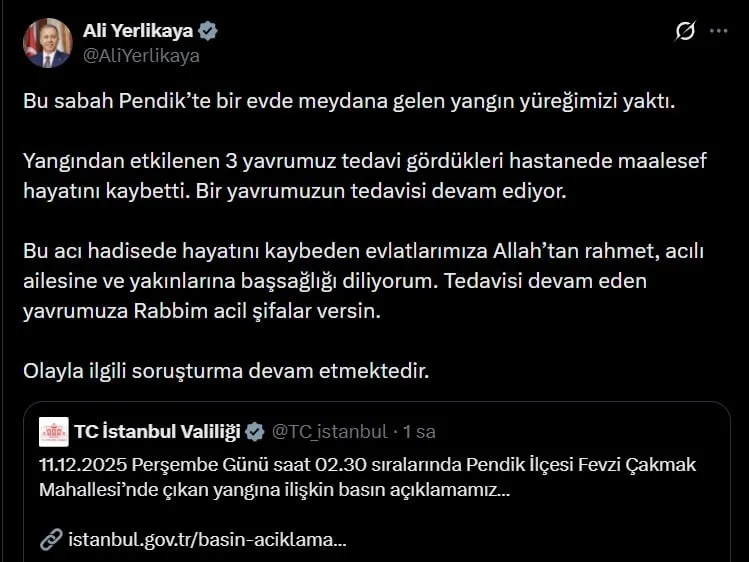 Bakan Yerlikaya'nın paylaşımı (Sosyal medya)