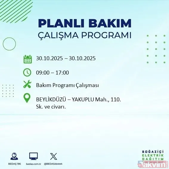 30 Ekim 2025 İstanbul'da elektrik kesintisi yaşanacak ilçeler