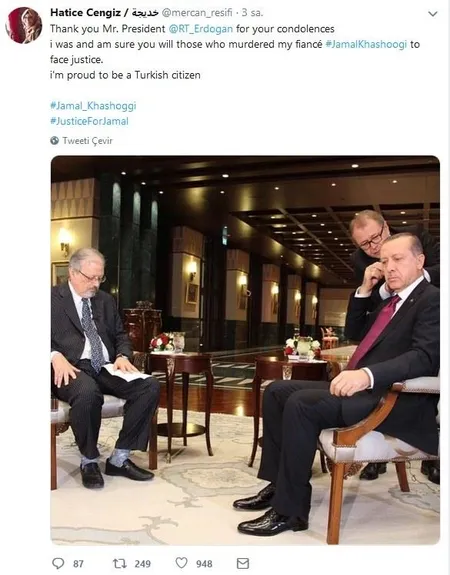 Son dakika: Kaşıkçı'nın nişanlısından Erdoğan paylaşımı-1