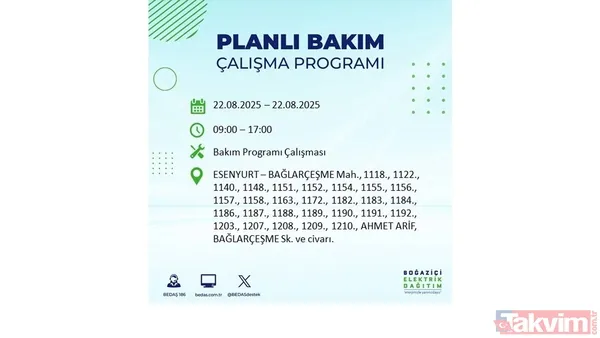 İstanbul'da 19 ilçede elektrik kesintisi! BEDAŞ İLÇE İLÇE listeledi: 22 Ağustos Cuma günü 8 saat yok - 18