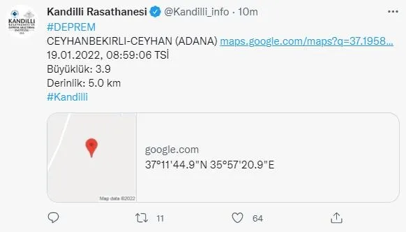 SON DEPREMLER: Adana'da 3,8'lik deprem! Kandilli ve AFAD'dan son dakika açıklaması-1