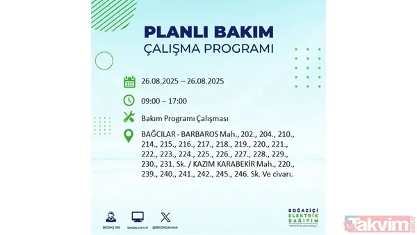 İstanbul'da elektrik kesintisi || 26 Ağustos Salı İstanbul'da elektrikler ne zaman gelecek? BEDAŞ ilçe ilçe saat verdi - 17