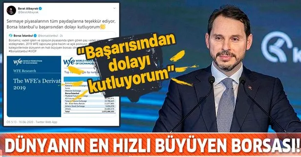 Hazine ve Maliye Bakanı Berat Albayrak’tan ’dünyanın en hızlı büyüyen borsası’ Borsa İstanbul’a tebrik mesajı