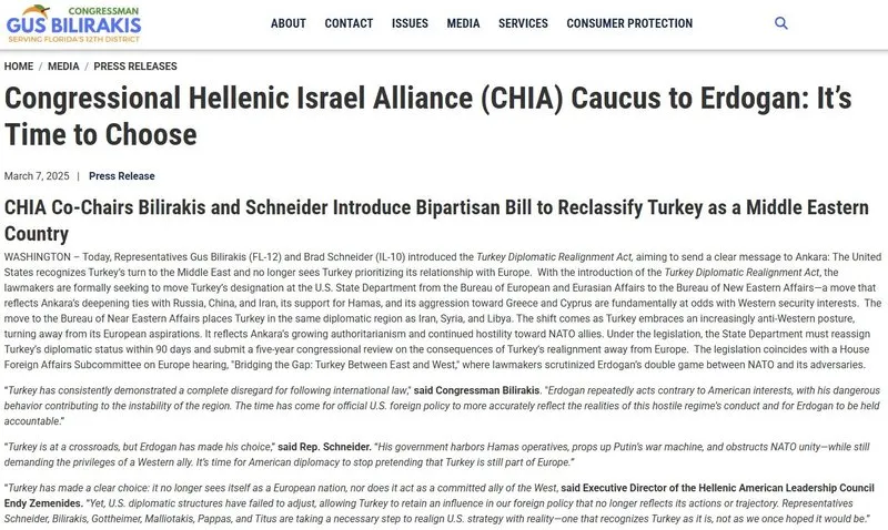 Helen İsrail İttifakı (CHIA) Eş Başkanları Bilirakis ve Schneider,Türkiye'yi Orta Doğu ülkesi olarak yeniden sınıflandırmak için iki partili yasa tasarısı sundu, Takvim.com.tr Ekran Görüntüsü