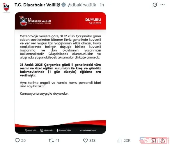 Diyarbakır: İl Genelindeki Tüm Resmi Ve Özel Eğitim Kurumları İle Kreş Ve Gündüz Bakımevleri 1 Gün Tatil Edildi. Engelli Ve Hamile Kamu Personeli İdari İzinli...