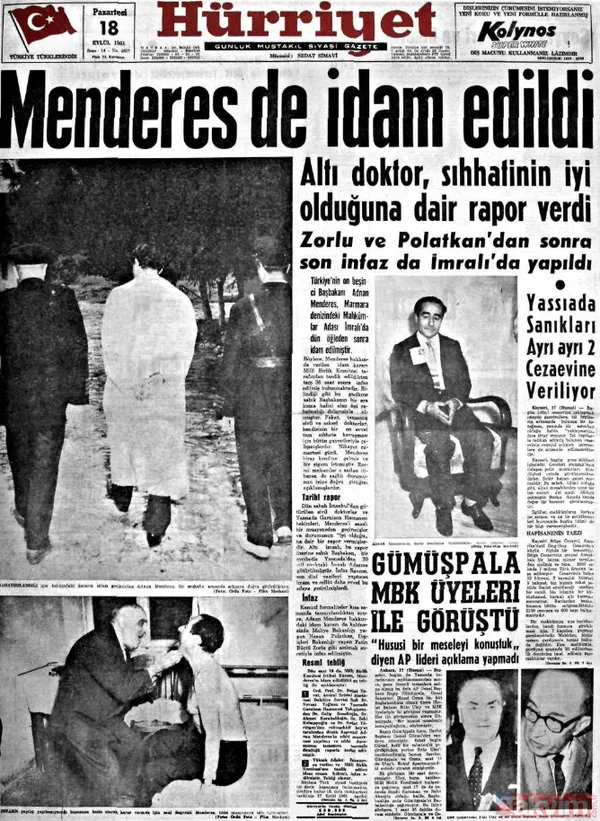 17 Eylül 1961... Darağacında celladı sarhoş Türk demokrasisi! Adnan Menderes'in son sözleri... Dönemin utanç manşetleri - 18