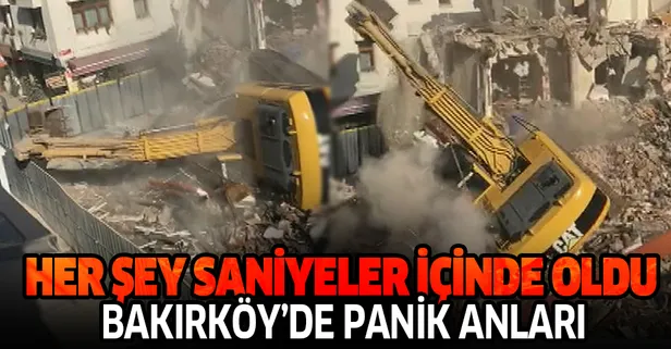 İstanbul Bakırköy'de yıkım yapan kepçe böyle devrildi! Korku dolu anlar
