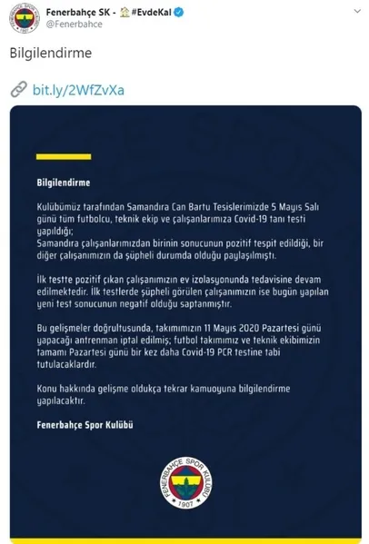 Fenerbahçe'den son dakika koronavirüs açıklaması! Takım ve teknik heyet teste giriyor-1