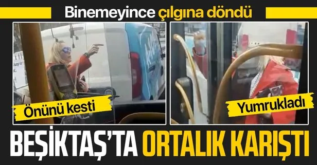 Beşiktaş’ta çılgına dönen kadın dehşet saçtı! Halk otobüsüne saldırdığı anlar kamerada