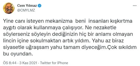 Cem Yılmaz Selahattin Demirtaş ve Osman Kavala çıkışı sonrası kendini savundu: Siyaset yapmıyorum