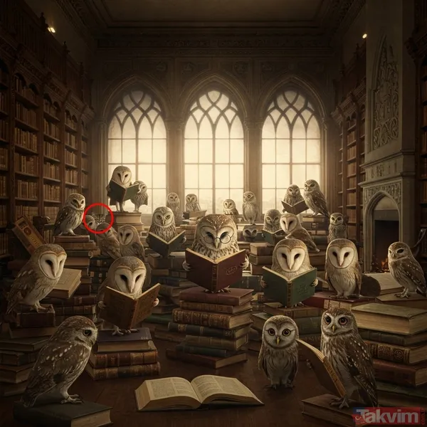 Kitaplığın Sol Üst Rafında, Gri-Beyaz Desenli Bir Baykuşun Hemen Yanında Duran Kedi. Kedi, Baykuşların Desenine Uyum Sağlayacak Şekilde Tasarlandığı İçin Çoğu...