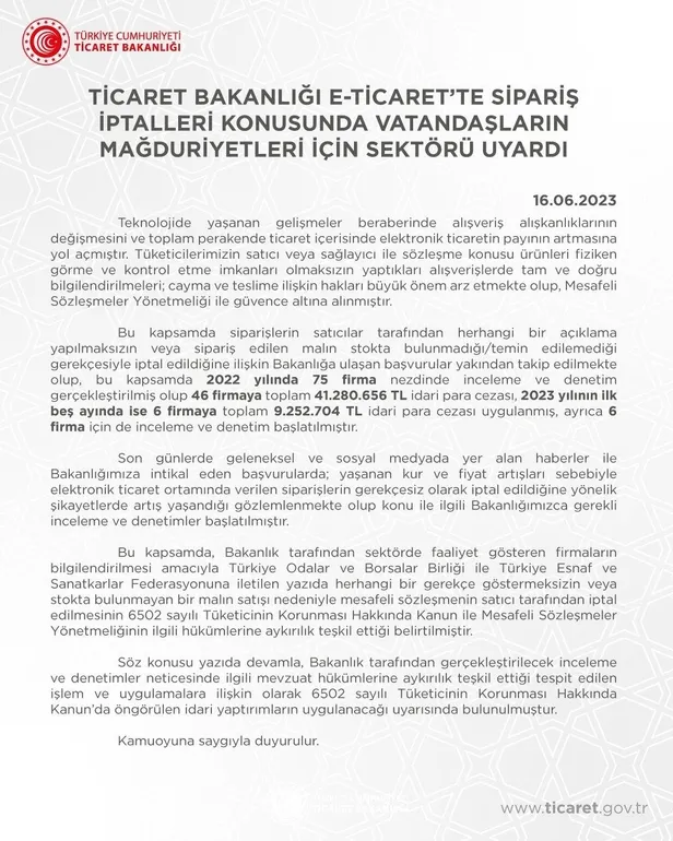 Ticaret Bakanlığı'ndan e-ticaret sitelerine "sipariş iptali" uyarısı: Yaptırımlar uygulanacak! Firmalara ceza yağdı-4