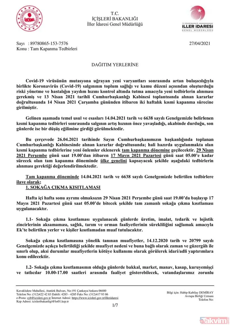 İçişleri Bakanlığı'ndan 'tam kapanma' genelgesi