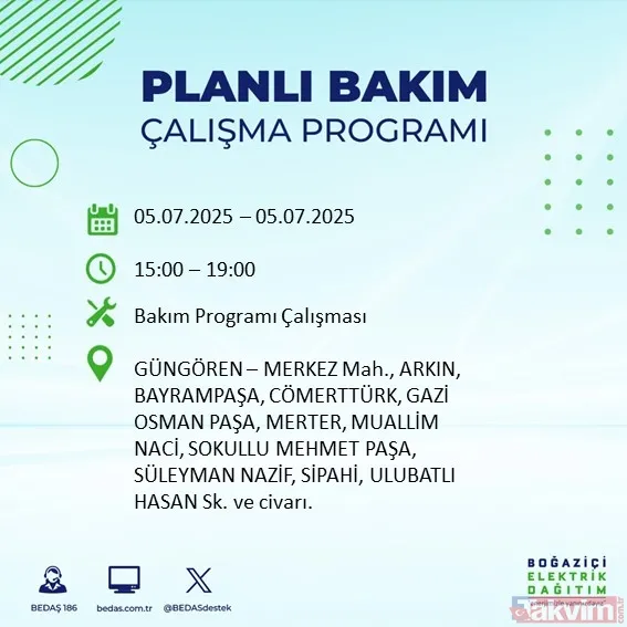 ↪5 Temmuz Cumartesi İstanbul Elektrik Kesintisi