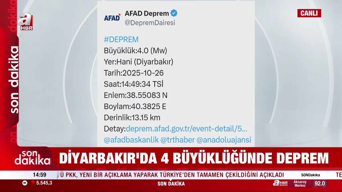 Diyarbakır'da 4 büyüklüğünde deprem