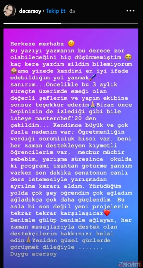 "Kendimce Büyük Nedenlerim Var" Masterchef Türkiye'de Yaptığı İtiraflarla Damga Vuran Duygu Acarsoy, Elemenin Ardından Instagram Hesabı Üzerinden Bir Açıklama...