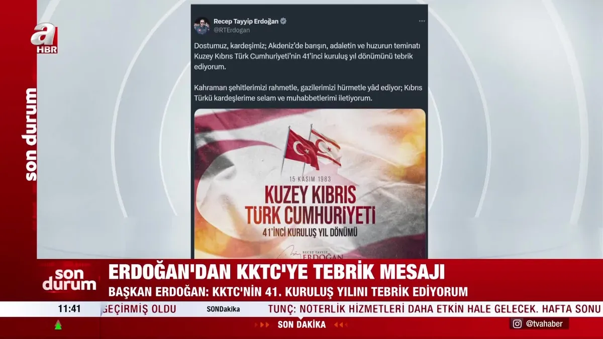 Başkan Erdoğan’dan KKTC’ye tebrik mesajı