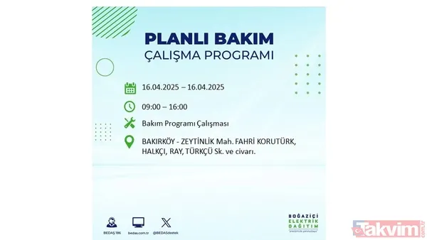 16 Nisan 2025 Bedaş İstanbul Elektrik Kesintisi