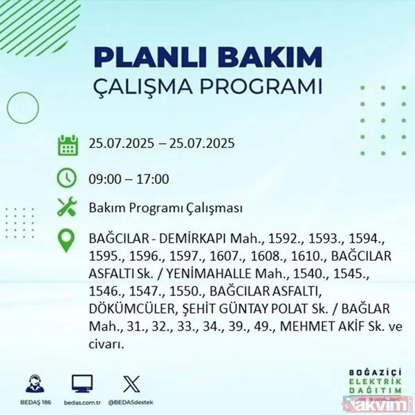 ⬜25 Temmuz İstanbul'da Elektrik Kesintisi