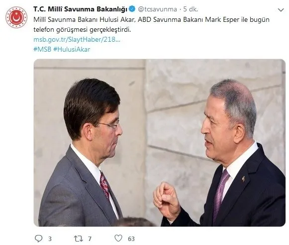 Son dakika: Milli Savunma Bakanı Hulusi Akar, ABD Savunma Bakanı Mark Esper ile görüştü-1