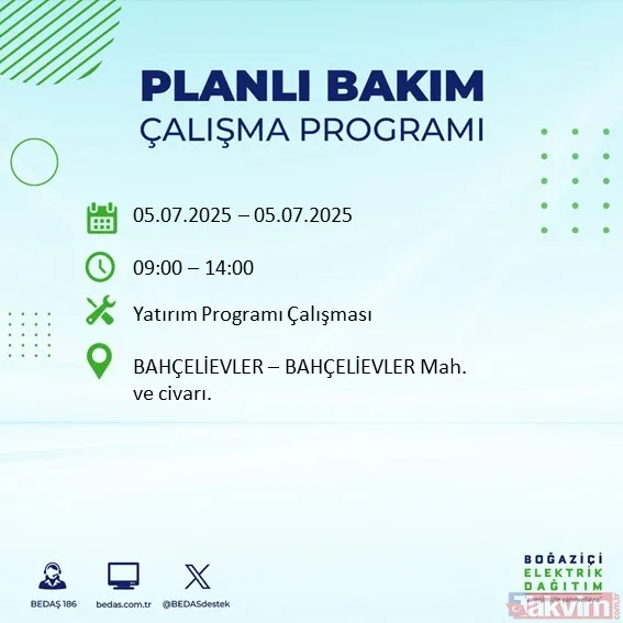 ↪5 Temmuz Cumartesi İstanbul Elektrik Kesintisi