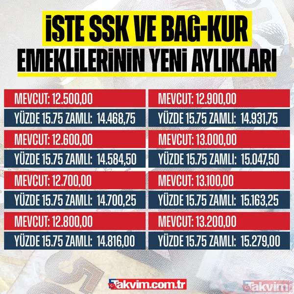İşte Ssk Ve Bağ-Kur Emeklilerinin Yeni Aylıkları Mevcut: 12.500,00 Yüzde 15.75 Zamlı: 14.468,75