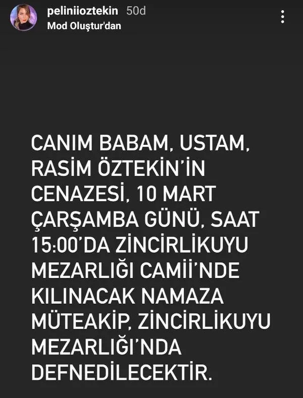 Kızı Pelin Öztekin sosyal medya hesabından duyurdu: Usta oyuncu Rasim Öztekin'in cenaze programı belli oldu-4