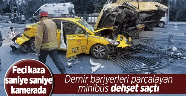 Son dakika: Eyüpsultan'da minibüs karşı şeride geçerek taksinin üstüne devrildi! Kaza anı saniye saniye kamerada