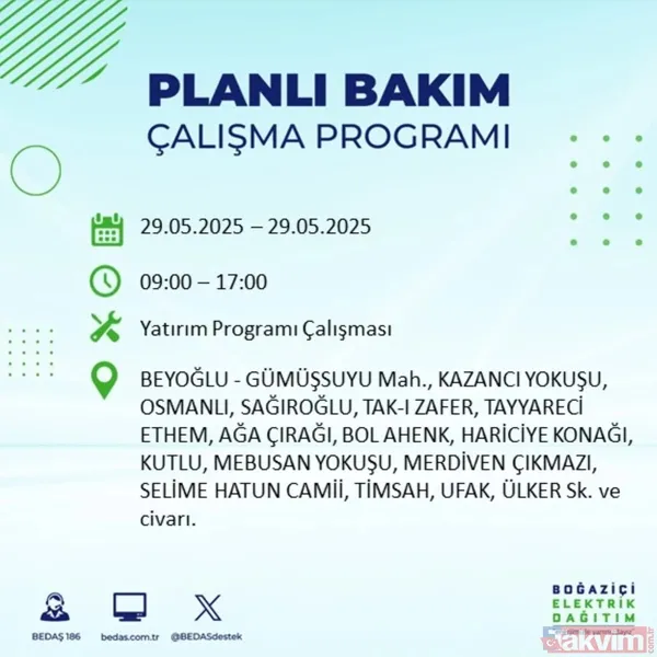 Bedaş 29 Mayıs İstanbul Elektrik Kesintisi