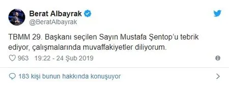 Bakan Albayrak'tan Şentop'a tebrik mesajı-1