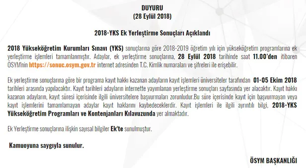 2018 YKS ek yerleştirme sonuçları sorgula! ÖSYM tercih sonuçlarını açıkladı-1