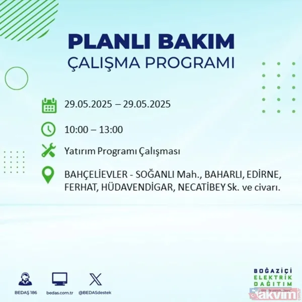 Bedaş 29 Mayıs İstanbul Elektrik Kesintisi