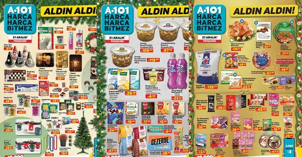 Çam ağacı 159 TL, dondurulmuş bütün hindi 139 TL, konfeti + kar spreyi 29 TL, tombala,  mum... A101 21 Aralık yılbaşı kataloğu yayımlandı!