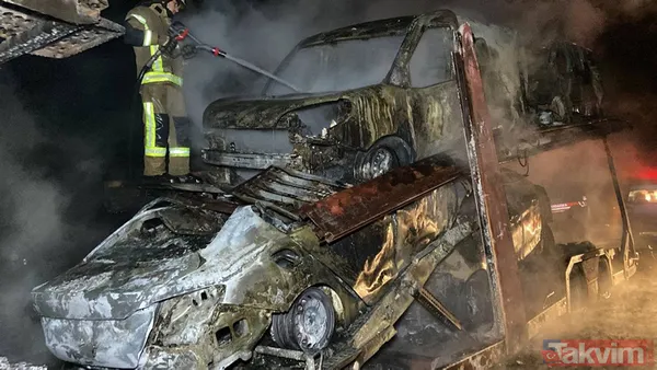 Alev alev yandılar! TIR'ın dorsesinde bulunan sıfır araçlar küle döndü - 17