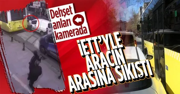İETT otobüsüyle araç arasına sıkıştı