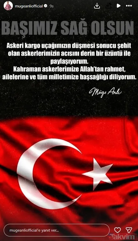Müge Anlı "Askeri Kargo Uçağımızın Düşmesi Sonucu Şehit Olan Askerlerimizin Acısını Derin Bir Üzüntü İle Paylaşıyorum. Kahraman Askerlerimize Allah'tan Rahmet,...