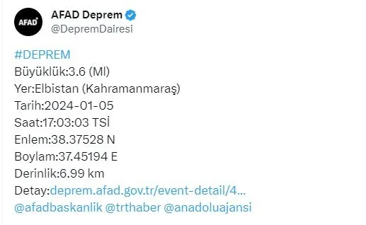 Son dakika: Kahramanmaraş Elbistan'da 3,6 büyüklüğünde deprem | SON DEPREMLER-1