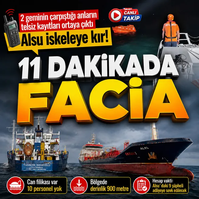 Silivri açıklarında iki ticari gemi çarpıştı! Tuğberk İmamoğlu 11 dakikada battı... Alsuda tutulan 9 kişi adliyeye sevk edilecek