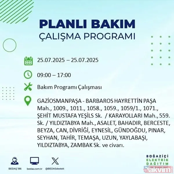 ⬜25 Temmuz İstanbul'da Elektrik Kesintisi