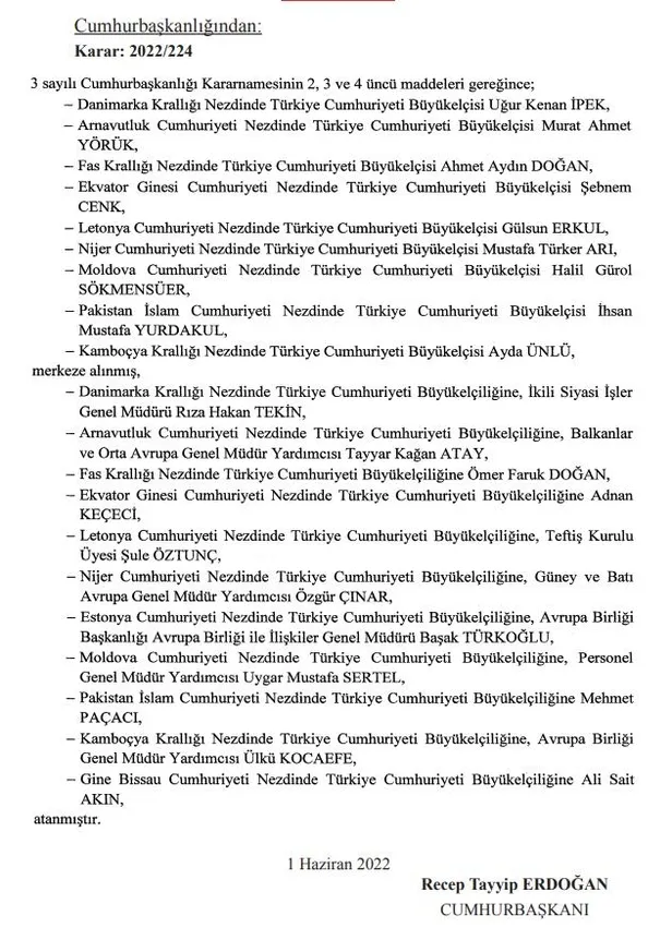 Büyükelçi atamalarına ilişkin karar Başkan Recep Tayyip Erdoğan'ın imzasıyla Resmi Gazete'de yayımlandı-3