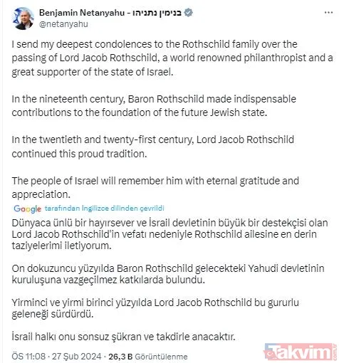 Kendisi Gibi Binlerce Müslüman'ın Kanı Elinde Olan Katil Baron'a Övgüler Yağdıran Netanyahu, "Dünyaca Ünlü Bir Hayırsever Ve İsrail Devletinin Büyük Bir...