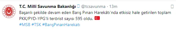 Barış Pınarı Harekatı'nda 595 terörist etkisiz hale getirildi!-1