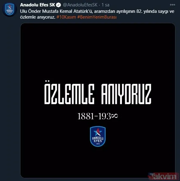 Spor camiası 10 Kasım'da tek ses oldu, Mustafa Kemal Atatürk'ü andı! İşte paylaşımlar