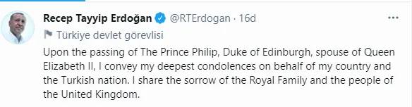 Başkan Erdoğan'dan Prens Philip ile ilgili başsağlığı mesajı-1