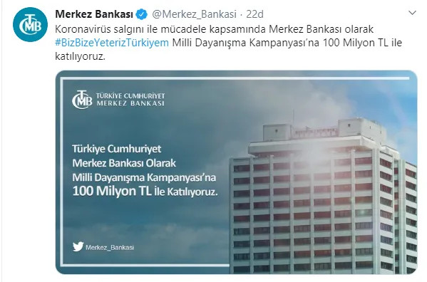 Son dakika: Merkez Bankası'ndan Milli Dayanışma Kampanyası'na 100 milyon TL'lik destek!-1